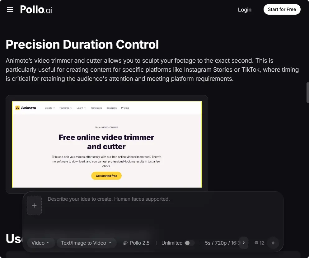 Animoto's free online video trimmer and cutter, showing precision duration control for sculpting footage to the exact second