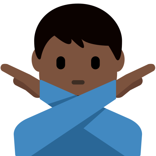 man gesturing NO: dark skin tone