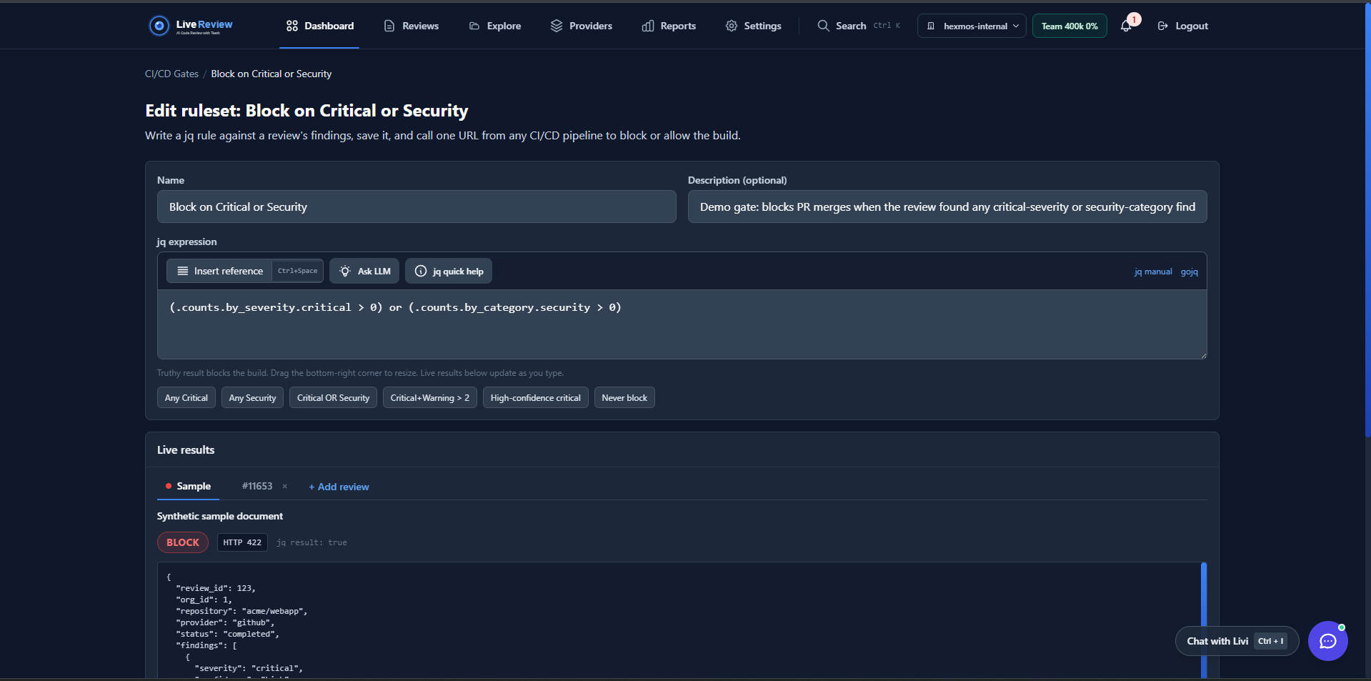Live jq rule editor with presets, Ask LLM helper, and a live BLOCK/ALLOW preview against a sample review