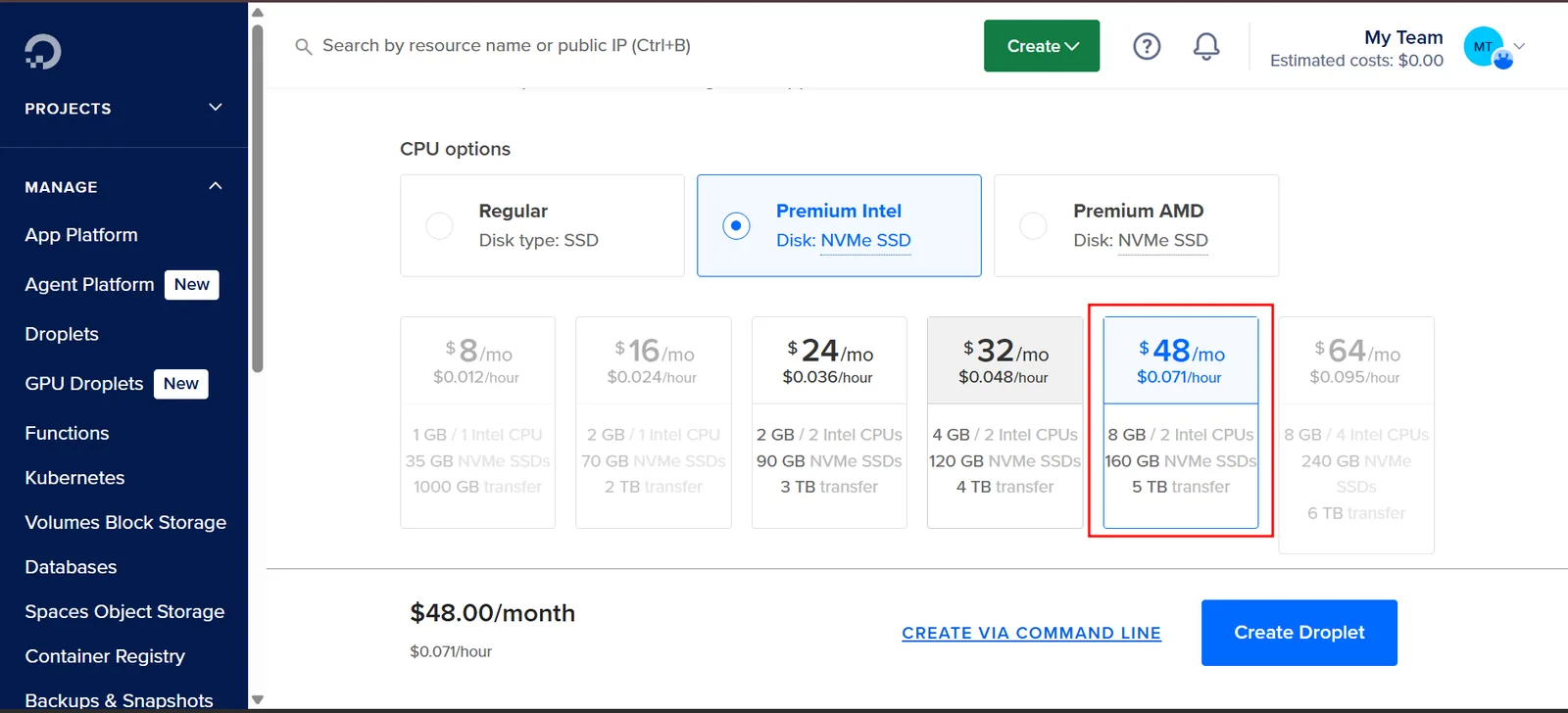 Selecting droplet CPU size for Ollama