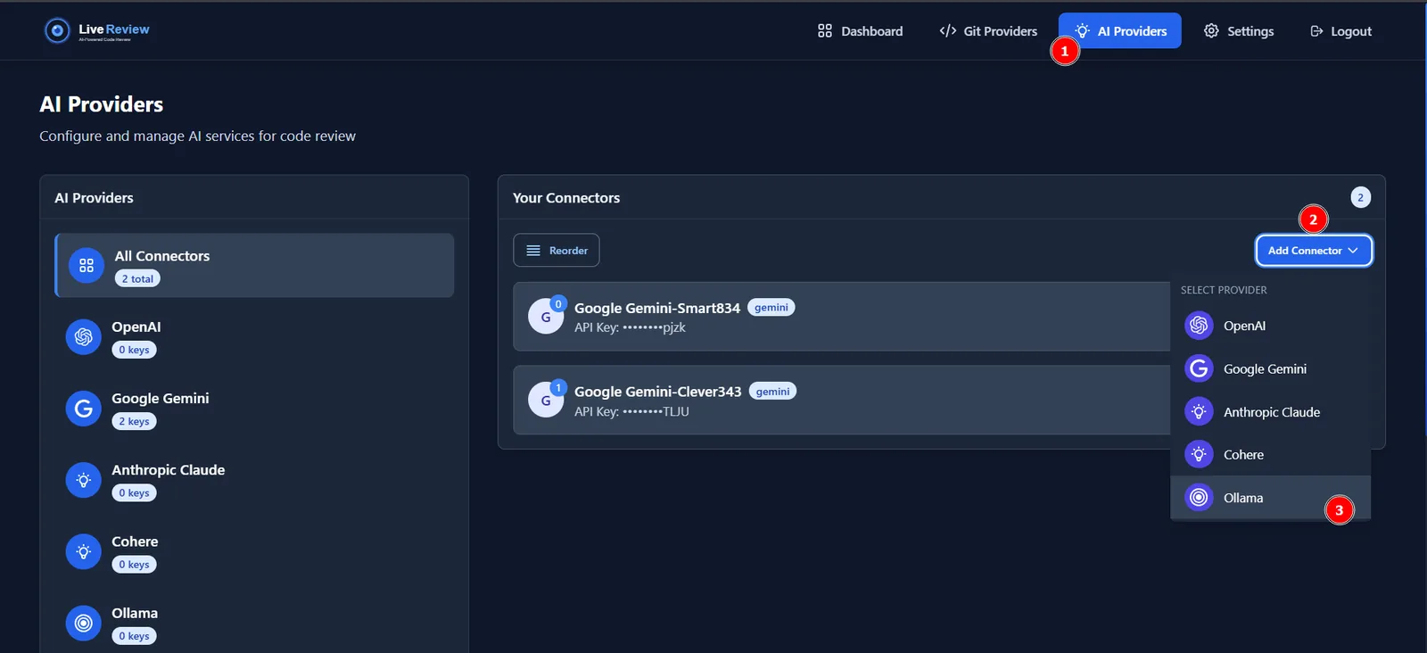 Selecting Ollama as the AI provider in LiveReview