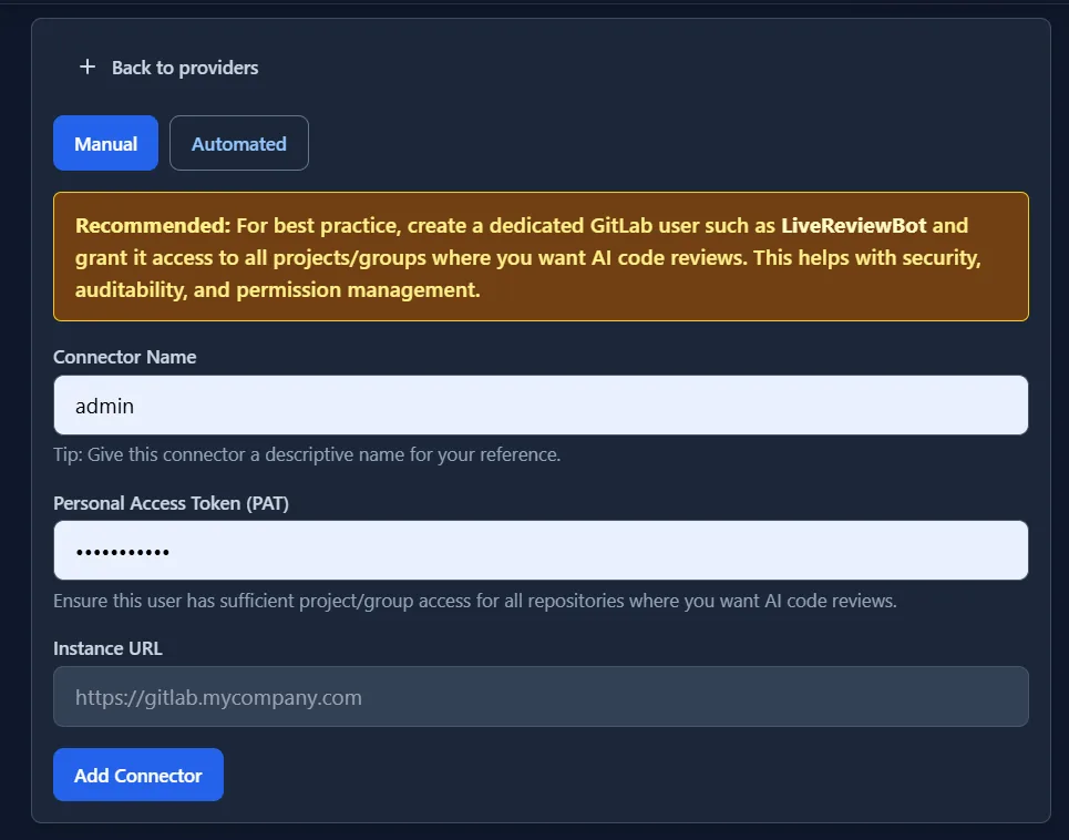Entering a PAT token for the Git connection