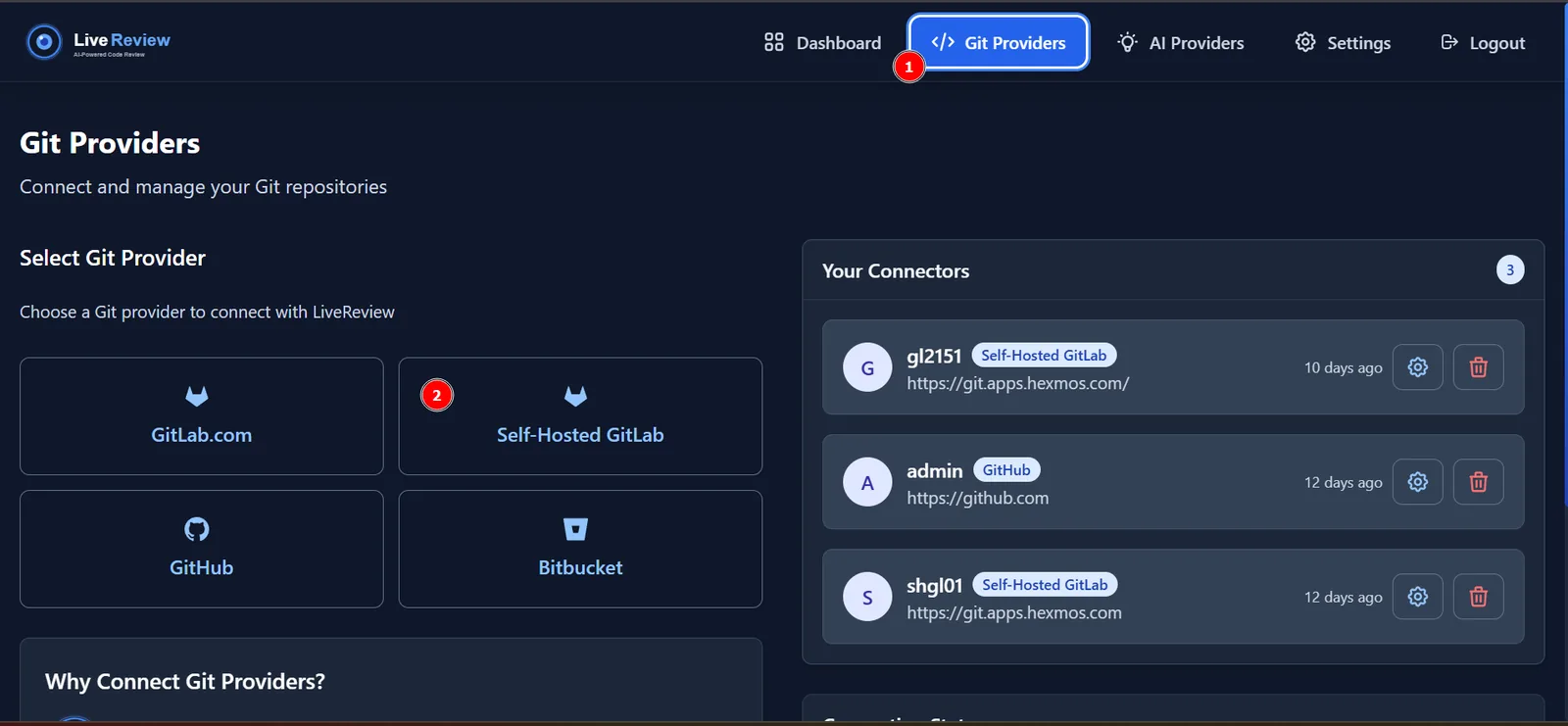 Connecting a Git provider in LiveReview