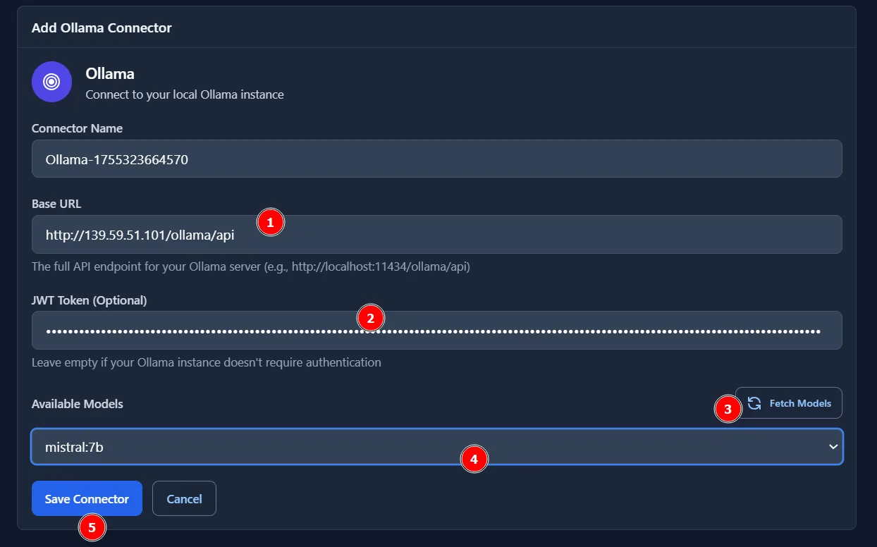 Filling in Ollama connection details