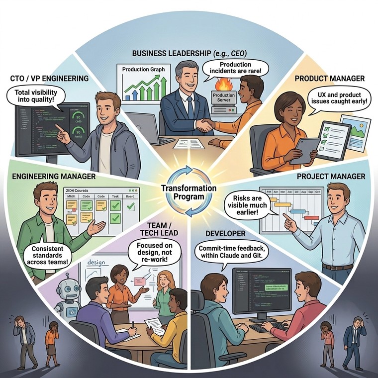 The 14-Day Transformation Program: how CEO, CTO/VP, Engineering Manager, Product Manager, Project Manager, Team Lead, and Developer roles all benefit